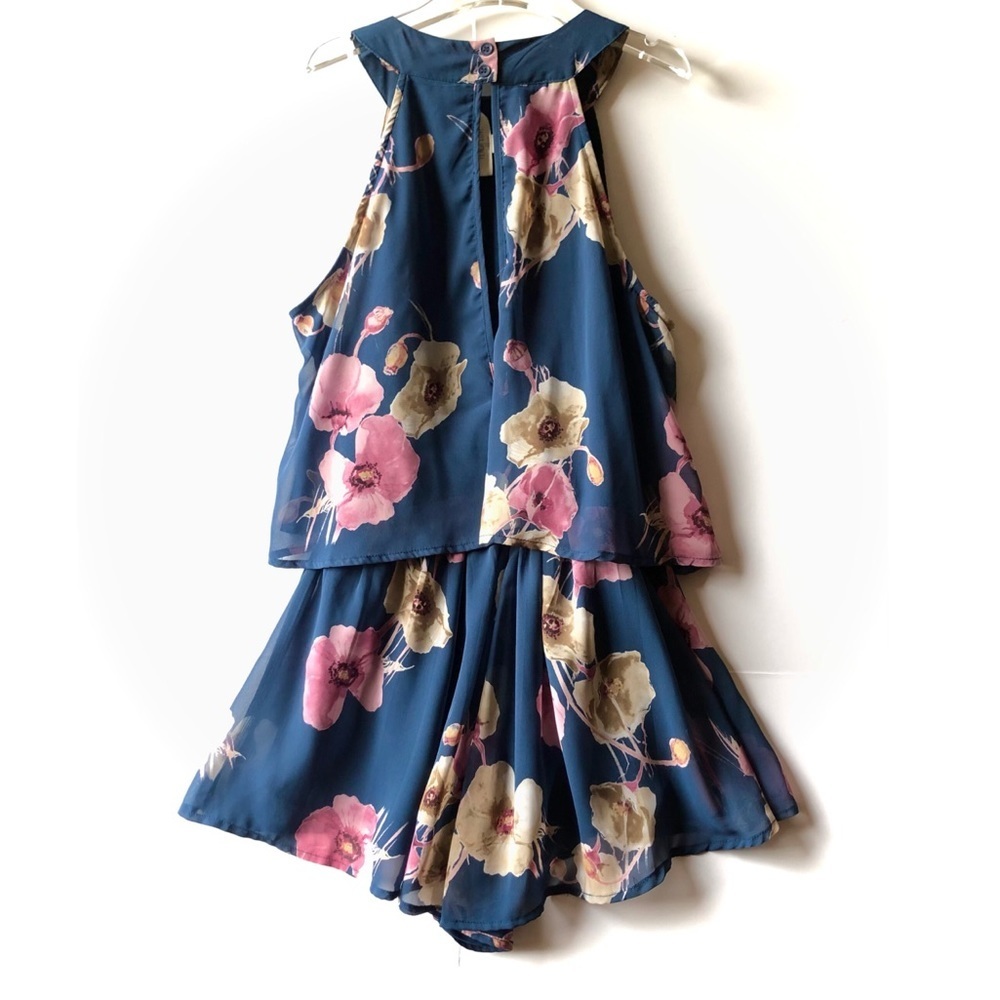 Peach Love California Blue Floral Print High Waisted Halter Neck Chiffon Romper - Picture 6 of 16